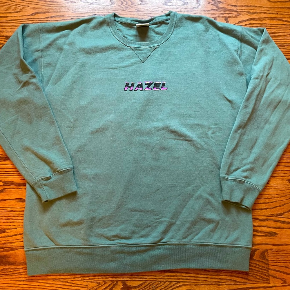 Hazel green w purple flame crew neck